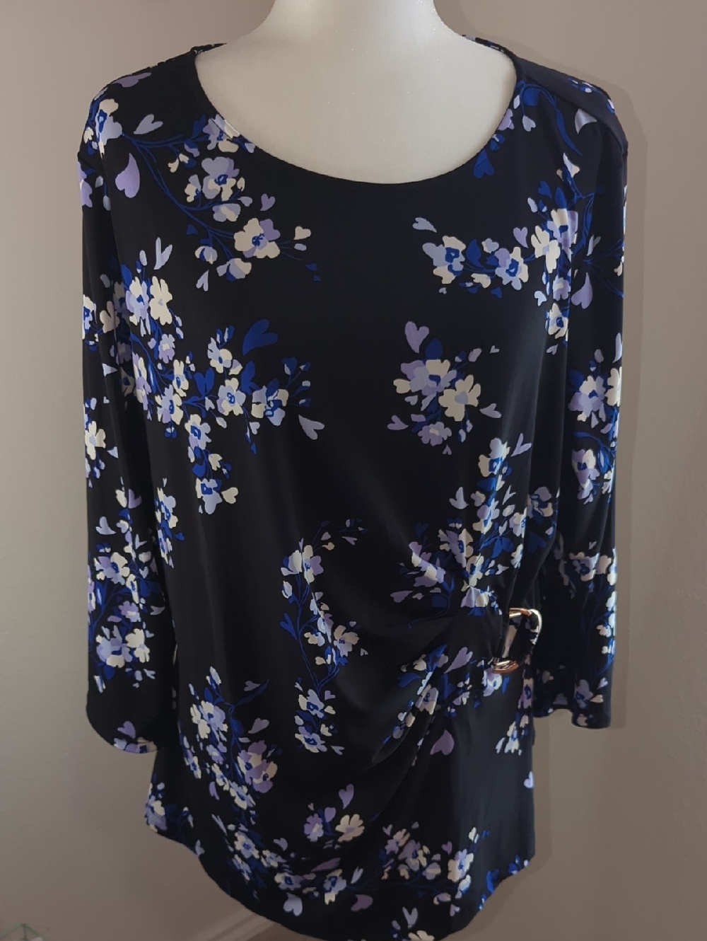 Black Floral Long-Sleeve Top with Blue & Lavender Buds